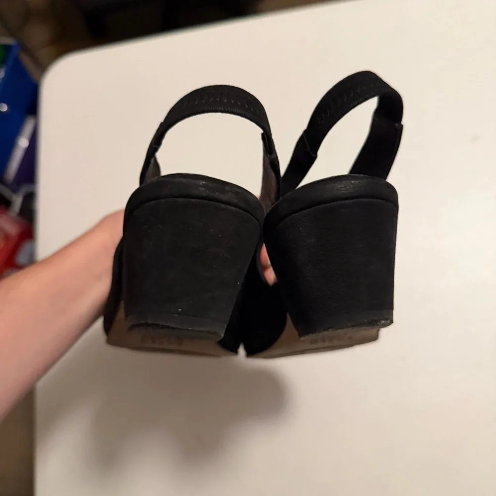 Eileen Fisher Gatwick Suede Slingback Wedge Sandals Shoes Pointed Toe Black 8